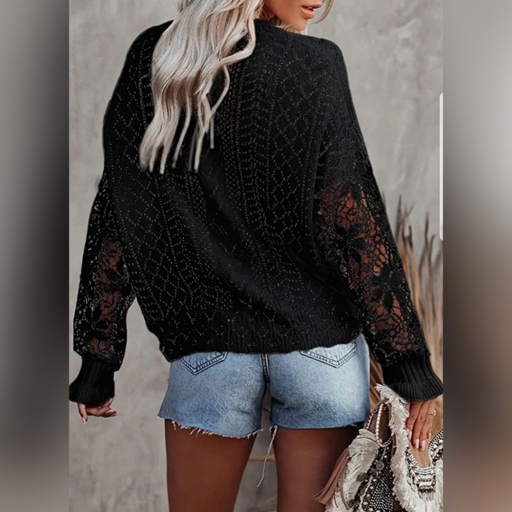 🌨Women Lace Crochet Long Sleeve Crewneck Sweaters - Picture 3 of 5